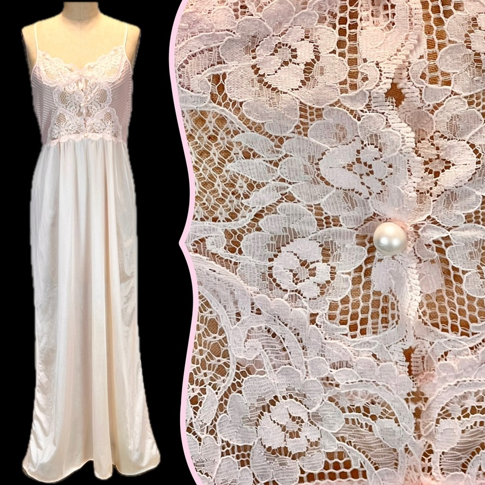 VINTAGE pastel lace blush pink long maxi nightgown evening gown lingerie 70s 80s